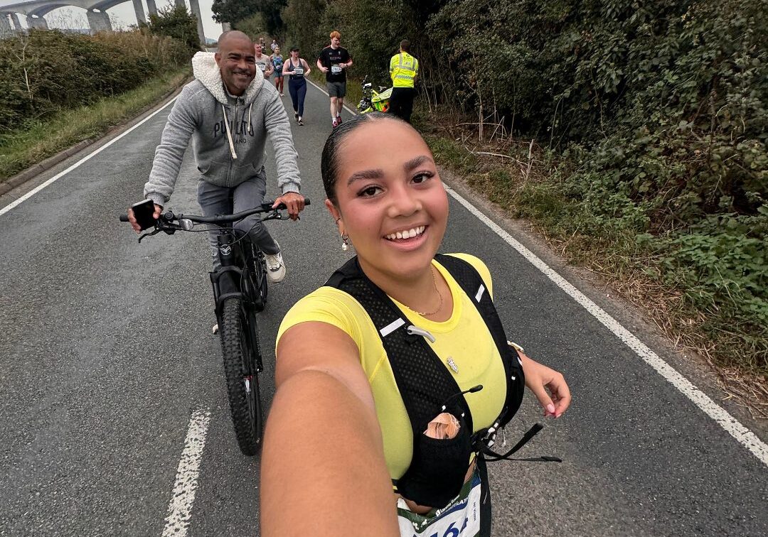 Meeya running the Ipswich Half Marathon with her step dad Kieron Dyer encouraging her on his electric bike. Kieron is a footballing legend and PSC patient who has undergone liver transplantation. 